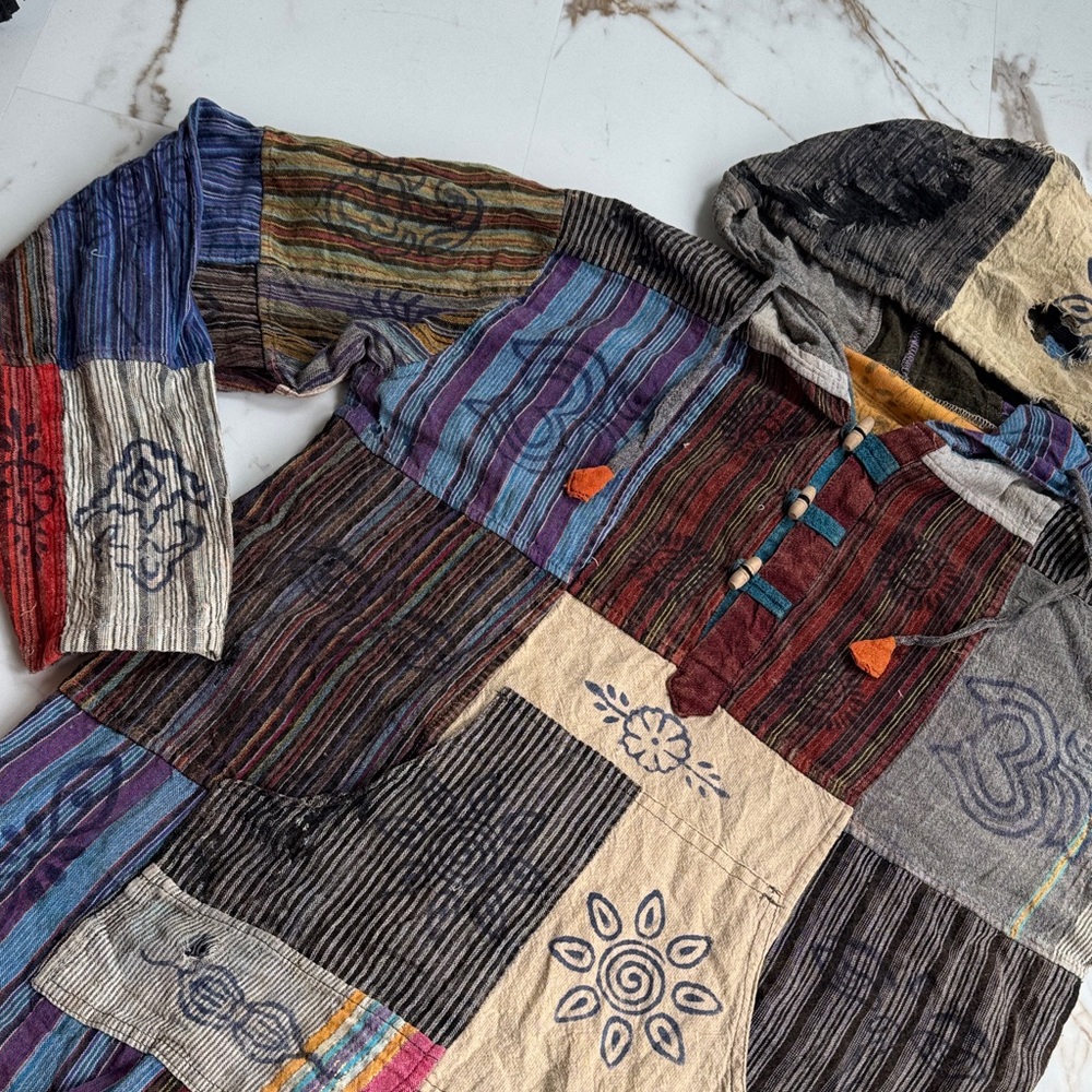 Bohemian Patchwork Distressed Pull Over Hooded Sw… - image 1